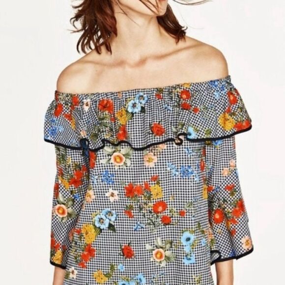 Zara Basic checkered & Liberty floral print mini dress S bell sleeves - Picture 3 of 9